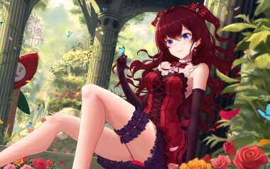 blue eyes bow butterfly cat smile elbow gloves flowers garter gloves goth-loli green ichinose shiki idolmaster idolmaster cinderella girls leaves lolita fashion long hair maitake (maitake1234) red hair rose skirt twintails