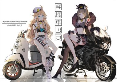 2girls animal ears aqua eyes bell blonde hair bn-227 boots breasts brown hair cleavage collar elbow gloves garter gloves hat kneehighs long hair motorcycle navel original shorts skirt stockings tattoo thighhighs watermark white wink yellow eyes