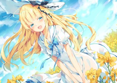 aqua eyes blonde hair blush bow clouds dress flowers hat juliet persia kishuku gakkou no juliet long hair school uniform sky summer dress unacchi (nyusankin)
