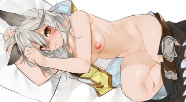 animal ears blush breasts brown eyes catgirl cat smile granblue fantasy gray hair kochiya (gothope) long hair nipples nude sen (granblue fantasy) waifu2x