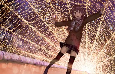 brown hair kantoku kurumi (kantoku) night original red eyes scan scarf school uniform short hair skirt thighhighs twintails zettai ryouiki
