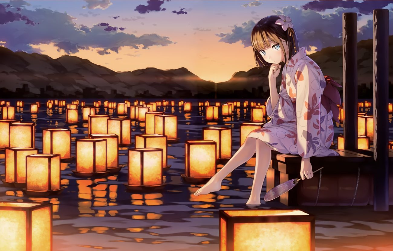 barefoot blue eyes brown hair clouds cropped fan japanese clothes kantoku original reflection scan scenic short hair sky sunset water yukata