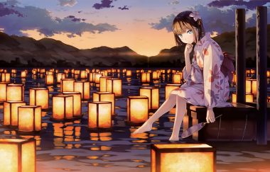 barefoot blue eyes brown hair clouds cropped fan japanese clothes kantoku original reflection scan scenic short hair sky sunset water yukata