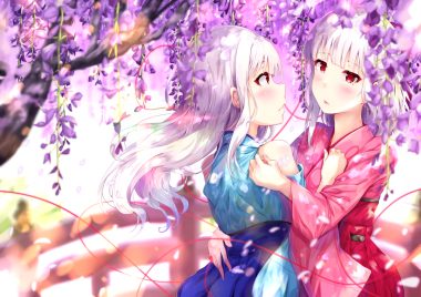 2girls flowers hug japanese clothes kimono long hair mizuki kakeru original petals red eyes short hair shoujo ai twins white hair