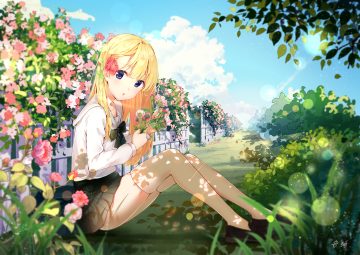 blonde hair blue eyes bow braids clouds flowers grass long hair original scenic school uniform skirt sky thighhighs yinqi