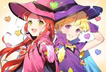 2girls azit (down) blonde hair blush cape chocolat meilleure close fang flat chest gloves gradient green eyes hat heart long hair necklace purple eyes red hair short hair sugar sugar rune vanilla mieux wand witch hat