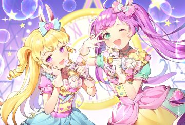 2girls animal ears azit (down) blonde hair blush bow bubbles bunny ears bunnygirl dress gloves green eyes long hair manaka lala microphone pripara purple eyes purple hair signed twintails wink yumekawa yui