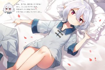 bed blush bottomless gray hair jehyun loli natsume kokoro pajamas petals pointed ears princess connect! purple eyes short hair undressing