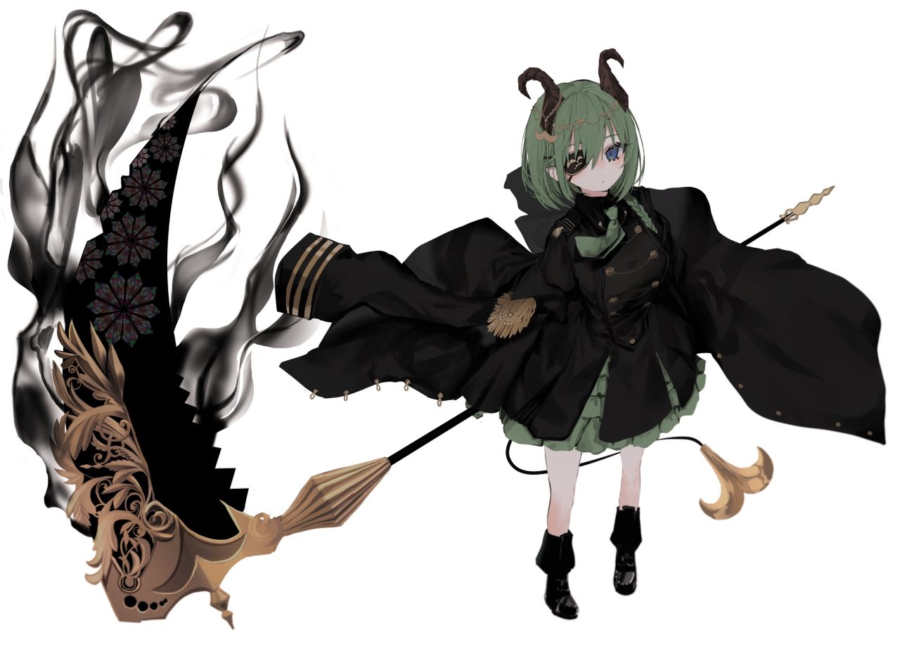 blue eyes boots demon eyepatch green hair honey strap horns military naruwe pointed ears scythe sekishiro mico short hair tie uniform weapon white