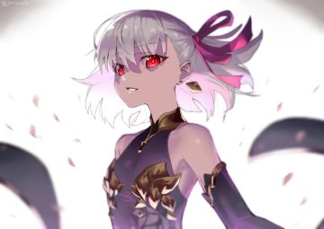 fate/grand order fate (series) gray hair jonsun kama (fate/grand order) petals red eyes ribbons short hair signed white