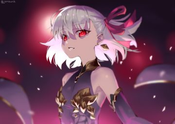 fate/grand order fate (series) gradient gray hair jonsun kama (fate/grand order) petals red eyes ribbons short hair signed