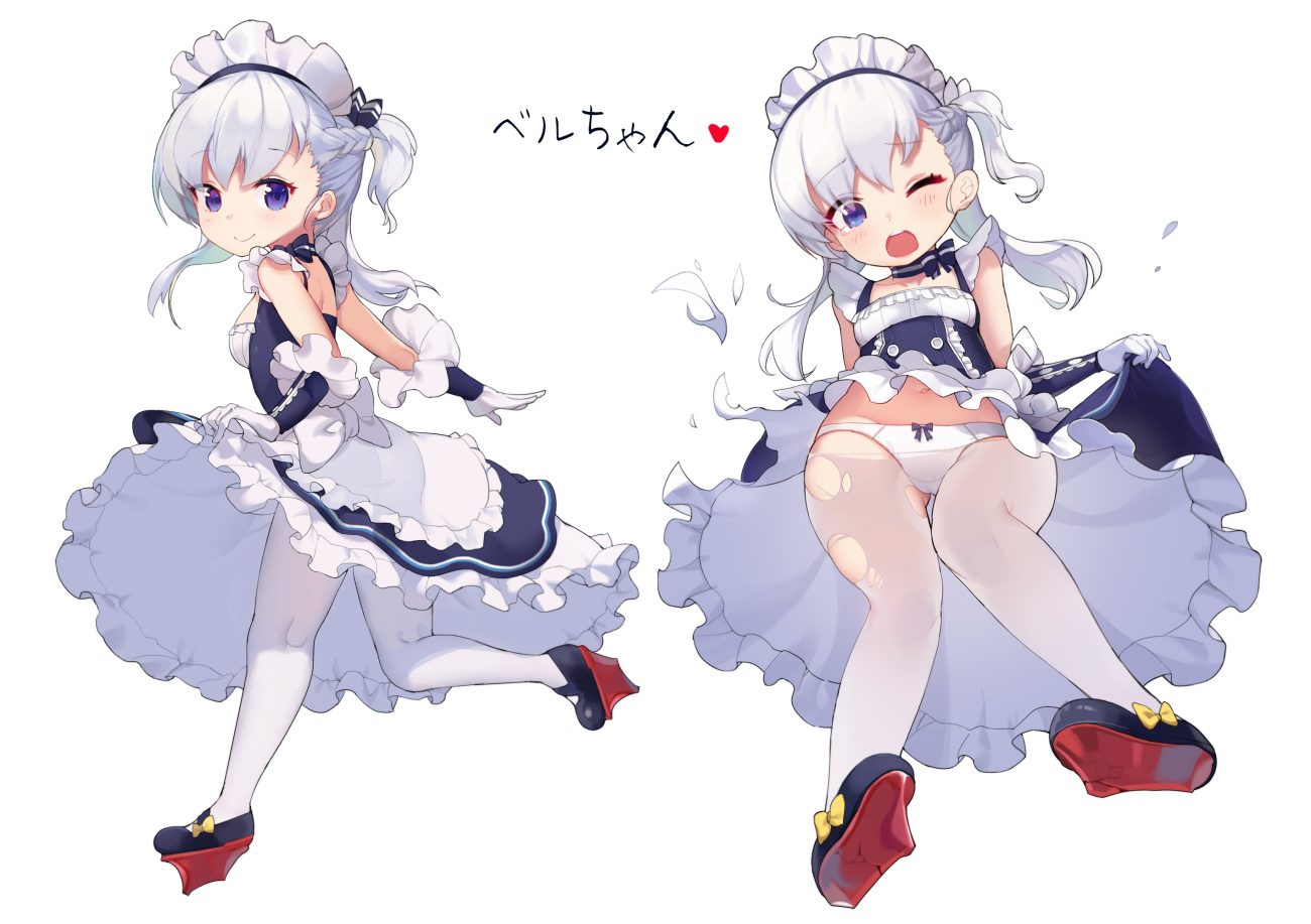 anthropomorphism azur lane belchan (azur lane) belfast (azur lane) blue eyes bow braids cameltoe gloves gray hair headdress jehyun loli maid navel panties pantyhose skirt lift torn clothes underwear upskirt white wink