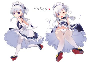 anthropomorphism azur lane belchan (azur lane) belfast (azur lane) blue eyes bow braids cameltoe gloves gray hair headdress jehyun loli maid navel panties pantyhose skirt lift torn clothes underwear upskirt white wink