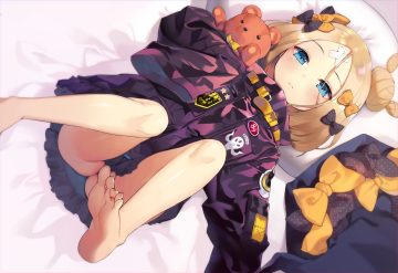 abigail williams (fate/grand order) aqua eyes bandage barefoot blonde hair bow fate/grand order fate (series) jehyun loli nopan teddy bear