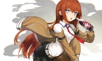 ass blue eyes brown hair drink jehyun long hair makise kurisu pantyhose shorts steins;gate tie