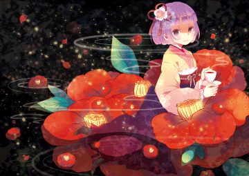 black domotolain drink flowers hieda no akyuu japanese clothes kimono purple eyes purple hair short hair touhou