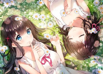 2girls aqua eyes ayamy bow brown hair dress flowers grass green kiohana miro long hair miyawaki sana original ribbons sleeping summer dress