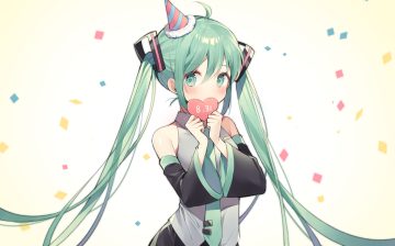 azit (down) blush green eyes green hair hat hatsune miku heart long hair tie twintails vocaloid white