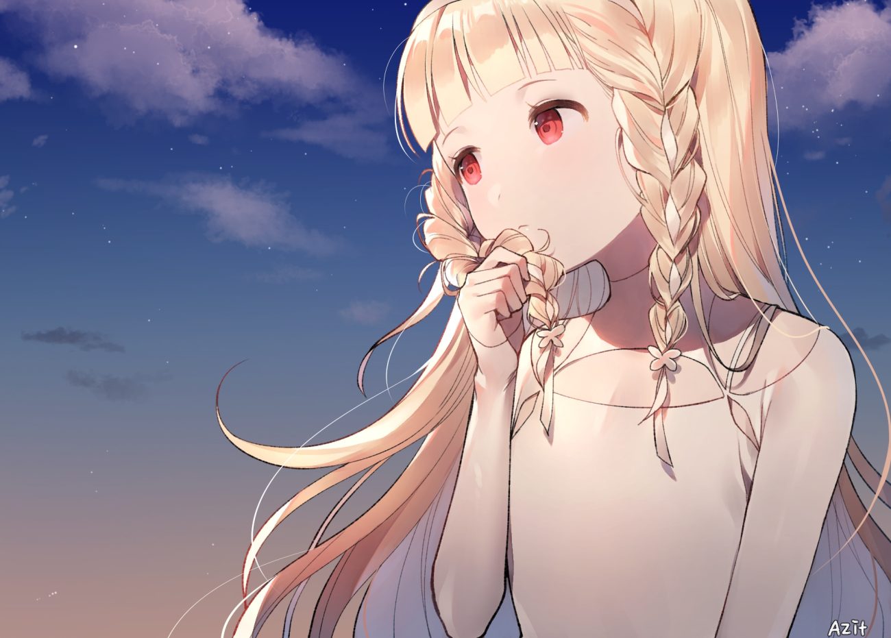 azit (down) blonde hair braids close clouds flat chest gradient long hair maquia red eyes sayonara no asa ni yakusoku no hana wo kazarou signed sky stars sunset