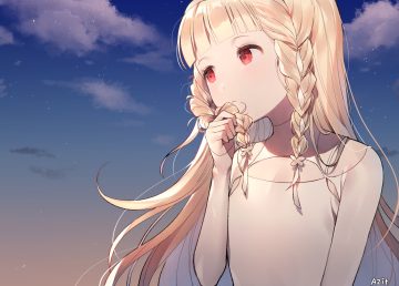 azit (down) blonde hair braids close clouds flat chest gradient long hair maquia red eyes sayonara no asa ni yakusoku no hana wo kazarou signed sky stars sunset
