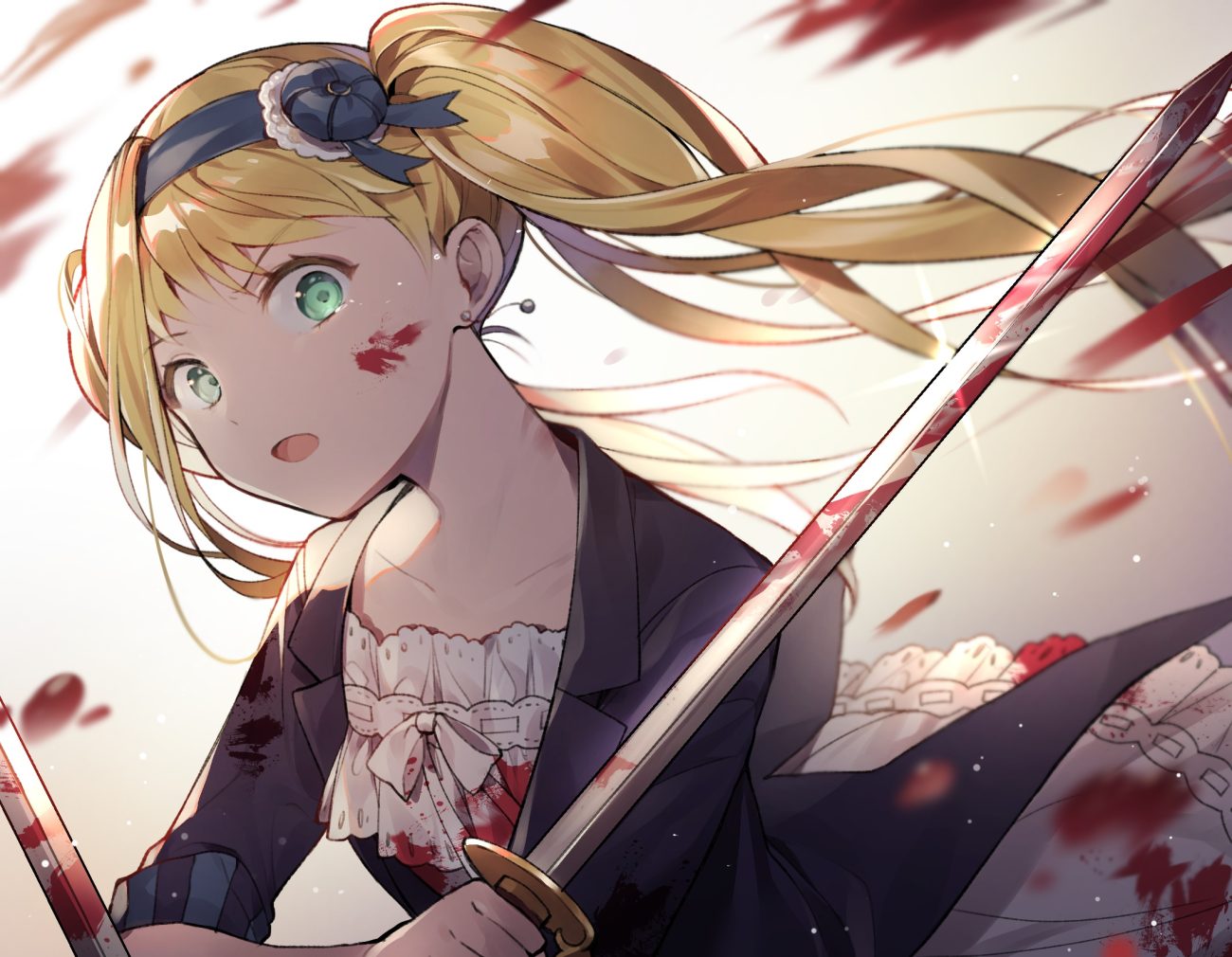 azit (down) blonde hair blood close dress elizabeth middleford gradient green eyes headband kuroshitsuji sword tears twintails weapon