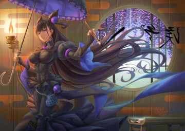 black hair fate/grand order fate (series) fire goth-loli ho-oh (artist) lolita fashion long hair murasaki shikibu purple eyes umbrella