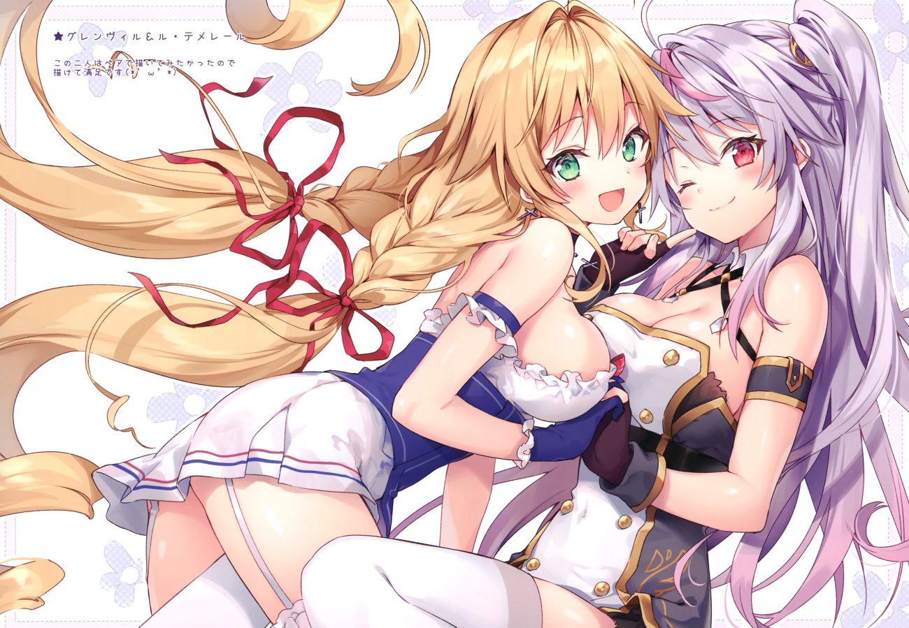 2girls anthropomorphism azur lane blonde hair blush braids breasts cleavage garter belt gloves green eyes grenville (azur lane) le temeraire (azur lane) long hair original ponytail purple hair red eyes ribbons riichu scan shoujo ai skirt thighhighs twintails wink zettai ryouiki