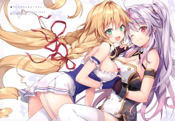 2girls anthropomorphism azur lane blonde hair blush braids breasts cleavage garter belt gloves green eyes grenville (azur lane) le temeraire (azur lane) long hair original ponytail purple hair red eyes ribbons riichu scan shoujo ai skirt thighhighs twintails wink zettai ryouiki