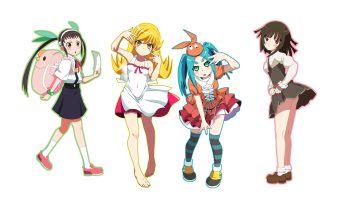 aqua hair bakemonogatari barefoot black hair blonde hair brown eyes dress green eyes hachikuji mayoi loli long hair monogatari (series) natsuno mikan ononoki yotsugi oshino shinobu pointed ears school uniform sengoku nadeko summer dress third-party edit tsukimonogatari twintails vampire white yellow eyes