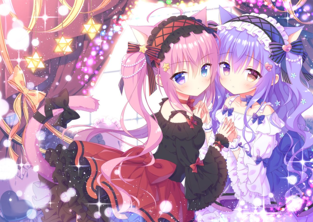 2girls animal ears bicolored eyes bow catgirl dress headdress kamishiro piyo lolita fashion long hair original pink hair purple hair tail