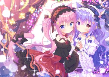2girls animal ears bicolored eyes bow catgirl dress headdress kamishiro piyo lolita fashion long hair original pink hair purple hair tail