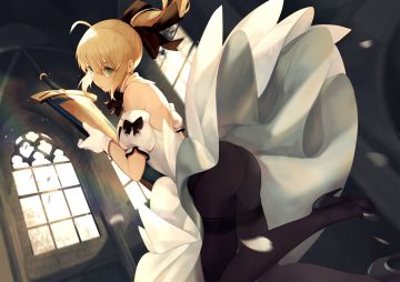 artoria pendragon (all) ass blonde hair dress fate/grand order fate (series) gloves green eyes pantyhose ribbons saber saber lily saika (saika nyan) skirt lift sword weapon
