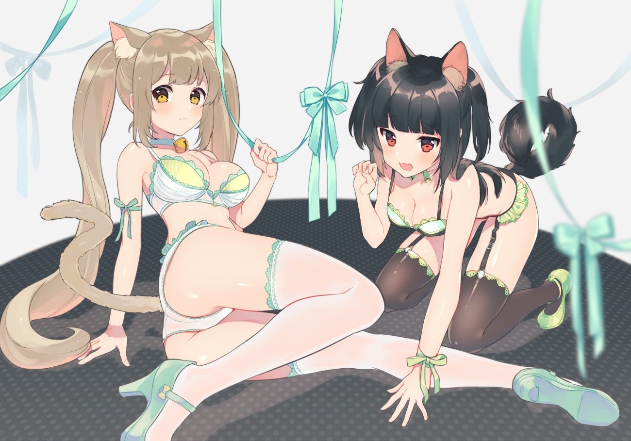 2girls animal ears bell black hair bow bra breasts brown hair catgirl cleavage collar cona kinaco doggirl fang garter belt long hair original panties red eyes ribbons tail thighhighs twintails underwear wristwear yellow eyes