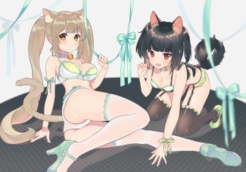 2girls animal ears bell black hair bow bra breasts brown hair catgirl cleavage collar cona kinaco doggirl fang garter belt long hair original panties red eyes ribbons tail thighhighs twintails underwear wristwear yellow eyes