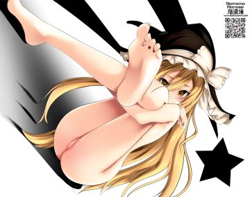 ass barefoot blonde hair blush hat kirisame marisa long hair namamo nanase nude pussy touhou uncensored watermark white yellow eyes