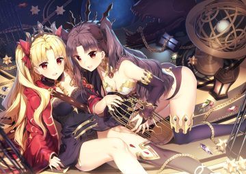 2girls ass black hair blonde hair cage cape ereshkigal (fate/grand order) fate/grand order fate (series) ishtar (fate/grand order) long hair red eyes rosuuri signed thighhighs twintails