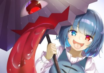 bicolored eyes blue hair close piyodesu short hair tatara kogasa touhou umbrella