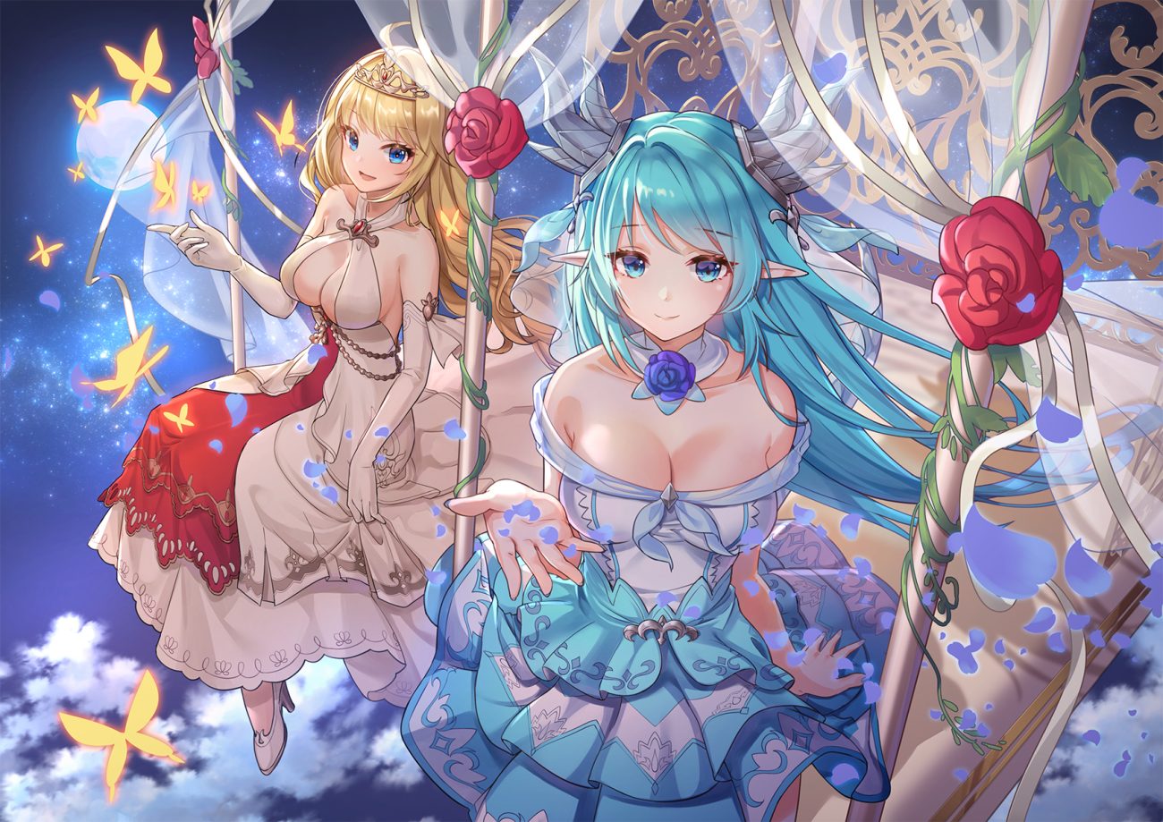 2girls aqua eyes aqua hair artemia (king's raid) blonde hair breasts butterfly chibi vanille cleavage dress elbow gloves flowers gloves headdress horns king's raid laias (king's raid) long hair moon night petals pointed ears rose sky stars tiara