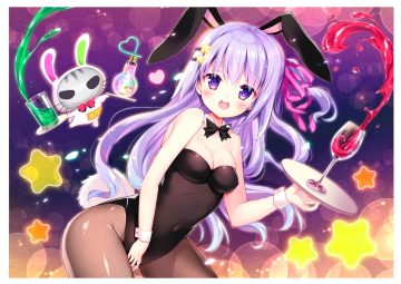 aliasing animal ears blush bodysuit bow breasts bunny ears bunnygirl cleavage drink erect nipples gradient long hair original pantyhose purple eyes purple hair shiwasu horio tail waitress wristwear