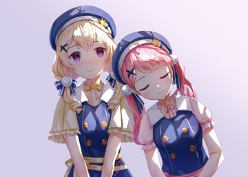 2girls bang dream! blonde hair bow choker dress gradient hat long hair lunacle maruyama aya pink hair purple eyes ribbons shirasagi chisato twintails uniform waifu2x