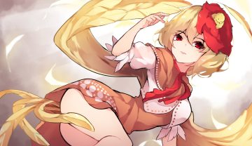 animal ass bird blonde hair cape chiroru (cheese-roll) dress feathers gradient niwatari kutaka red eyes short hair touhou wings