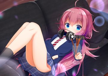aqua eyes bang dream! couch food headphones kneehighs koh (user kpcu7748) long hair pink hair school uniform skirt tamade chiyu tie