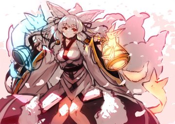 animal animal ears fox foxgirl japanese clothes kimono long hair magic multiple tails original red eyes sketch tail white hair yuuji (yukimimi)