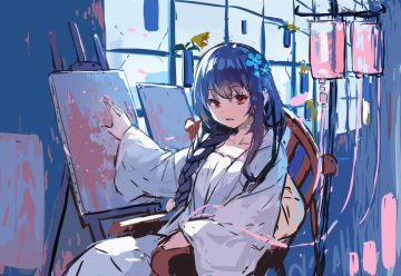 blue hair braids long hair original ponytail red eyes sketch yuuji (yukimimi)