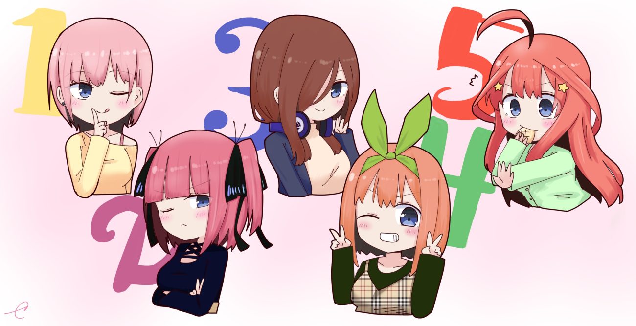 blue eyes blush brown hair chibi food go-toubun no hanayome headband headphones kujou karasuma long hair nakano ichika nakano itsuki nakano miku nakano nino nakano yotsuba pink hair red hair short hair signed twintails wink