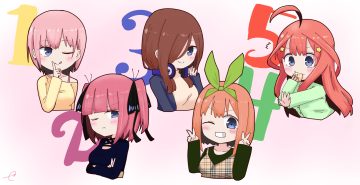 blue eyes blush brown hair chibi food go-toubun no hanayome headband headphones kujou karasuma long hair nakano ichika nakano itsuki nakano miku nakano nino nakano yotsuba pink hair red hair short hair signed twintails wink