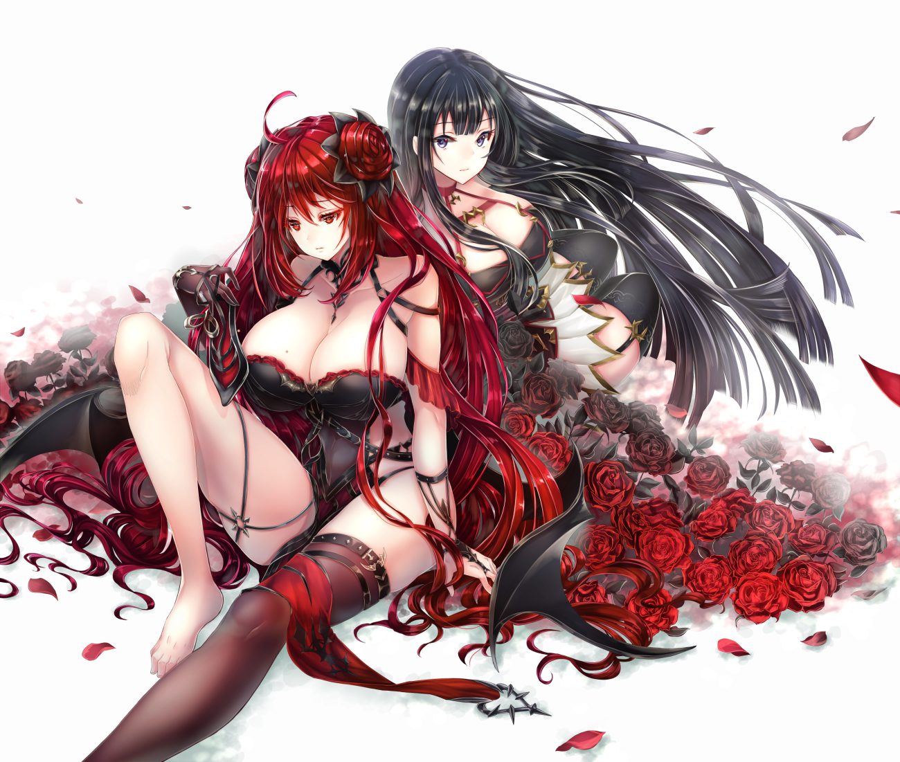 2girls barefoot black eyes black hair bodysuit breasts cleavage demon erze (king's raid) flowers garter belt gin ji king's raid long hair petals red eyes red hair rose seria (king's raid) skirt stockings succubus thighhighs wings