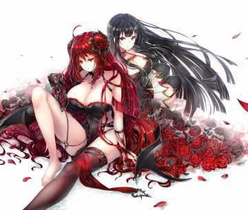 2girls barefoot black eyes black hair bodysuit breasts cleavage demon erze (king's raid) flowers garter belt gin ji king's raid long hair petals red eyes red hair rose seria (king's raid) skirt stockings succubus thighhighs wings