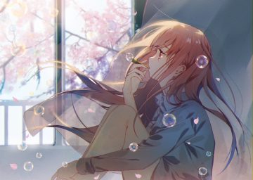 brown hair bubbles cherry blossoms flowers long hair omutatsu original pink eyes shirt