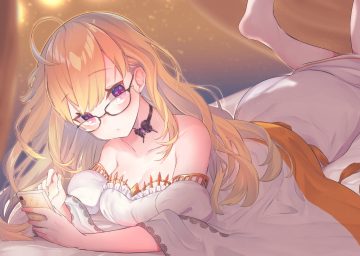 barefoot bed blonde hair breasts choker cleavage dress glasses long hair nijisanji phone purple eyes suzuho hotaru takamiya rion